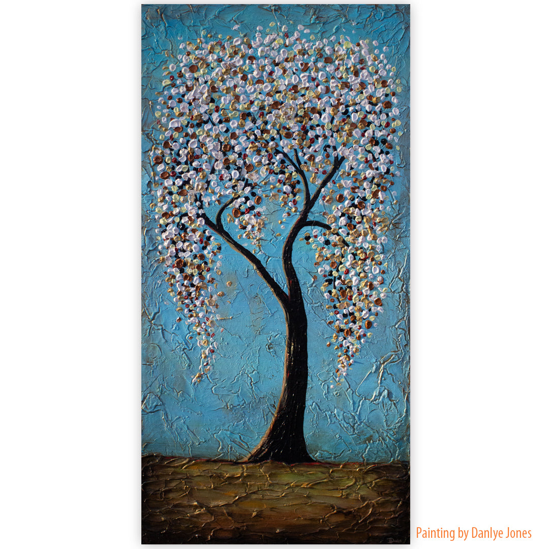 "It's a Dream" Beautiful Tree with White Flowers on a Turquoise Background 24x48 on canvas Handmade to Order