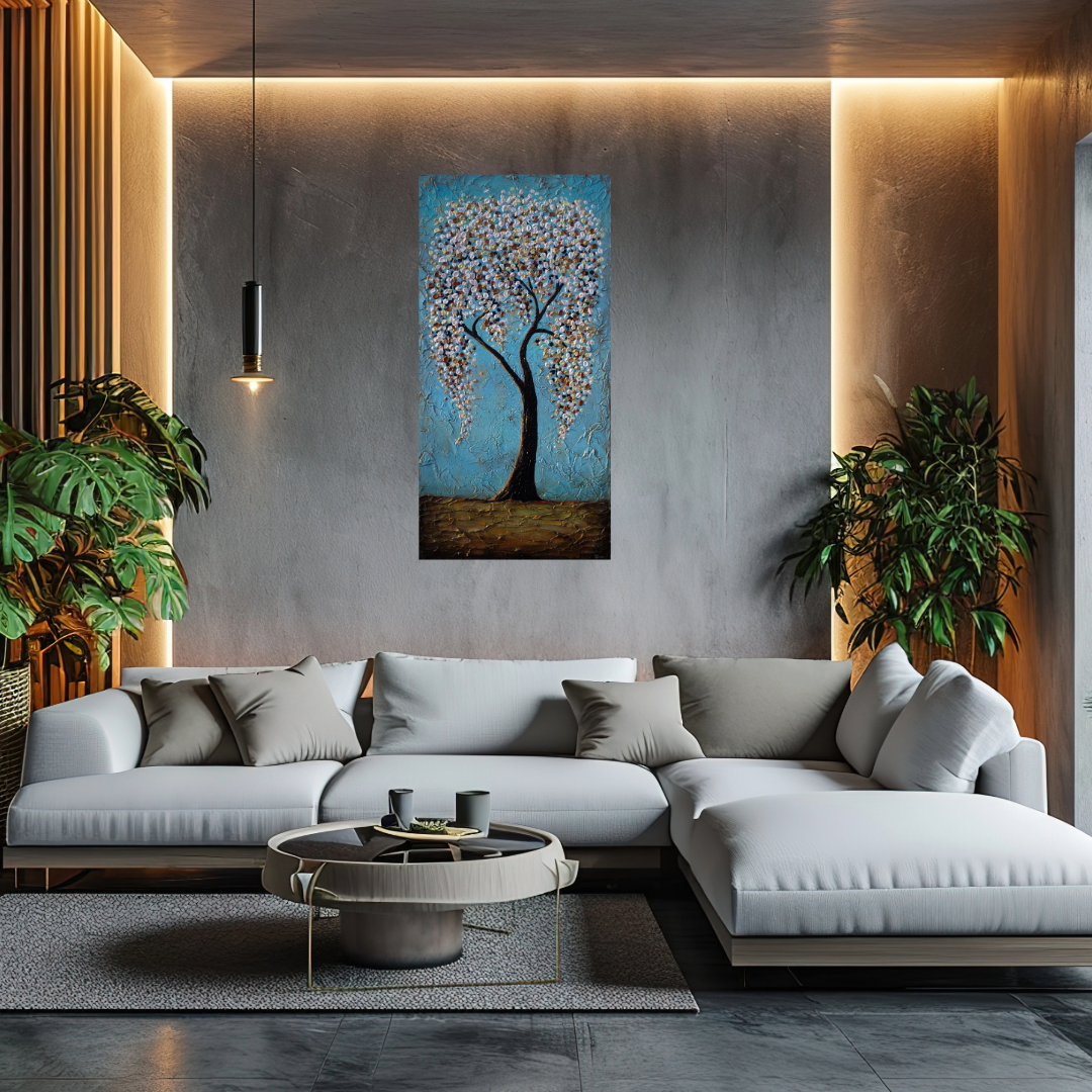 "It's a Dream" Beautiful Tree with White Flowers on a Turquoise Background 24x48 on canvas Handmade to Order