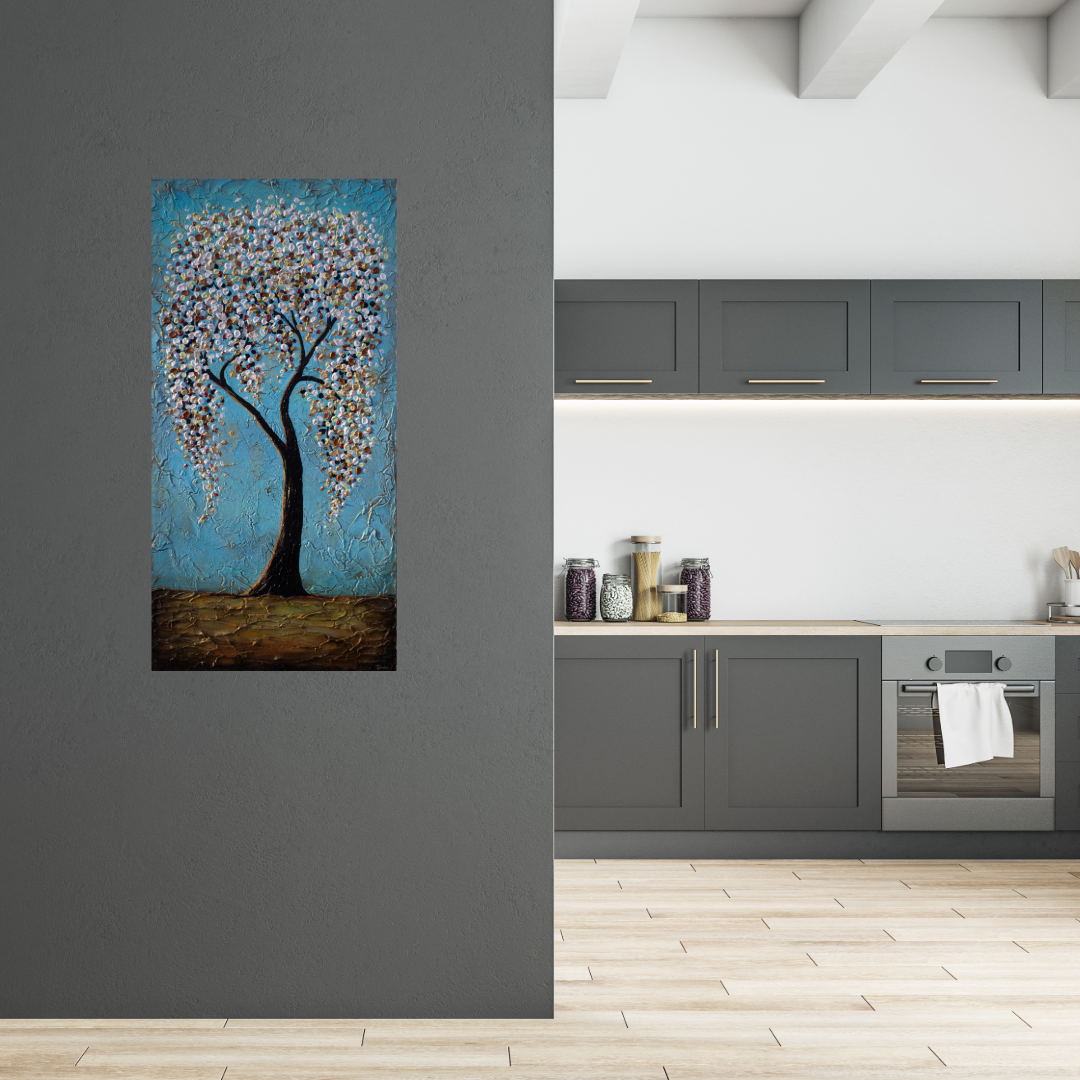"It's a Dream" Beautiful Tree with White Flowers on a Turquoise Background 24x48 on canvas Handmade to Order