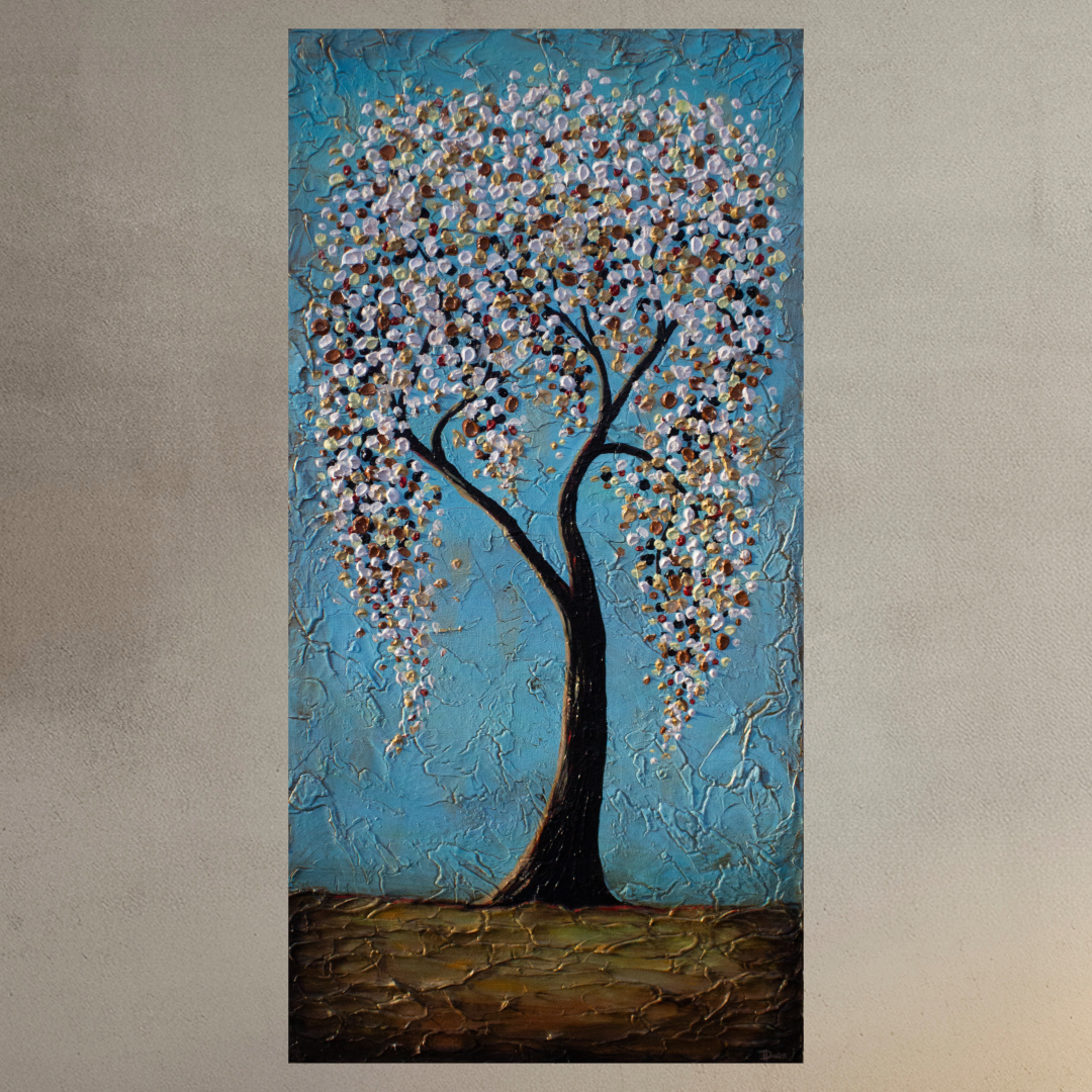 "It's a Dream" Beautiful Tree with White Flowers on a Turquoise Background 24x48 on canvas Handmade to Order