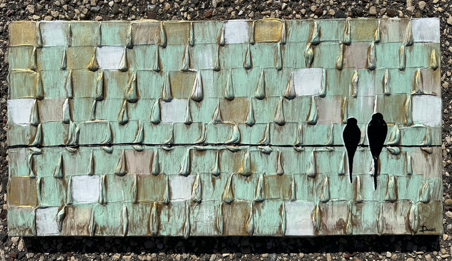 Birds on a Wire Painting 10"x20" highly textured with mint green and metallic