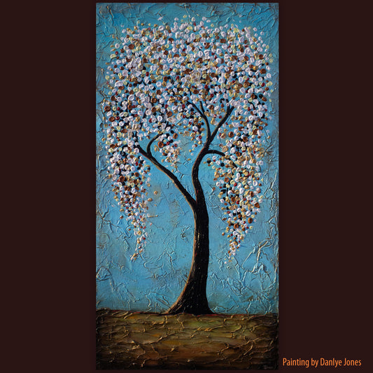 "It's a Dream" Beautiful Tree with White Flowers on a Turquoise Background 24x48 on canvas Handmade to Order