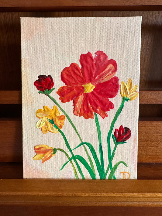 Cosmos Flowers Study - Mini Painting on canvas panel 5"x7"