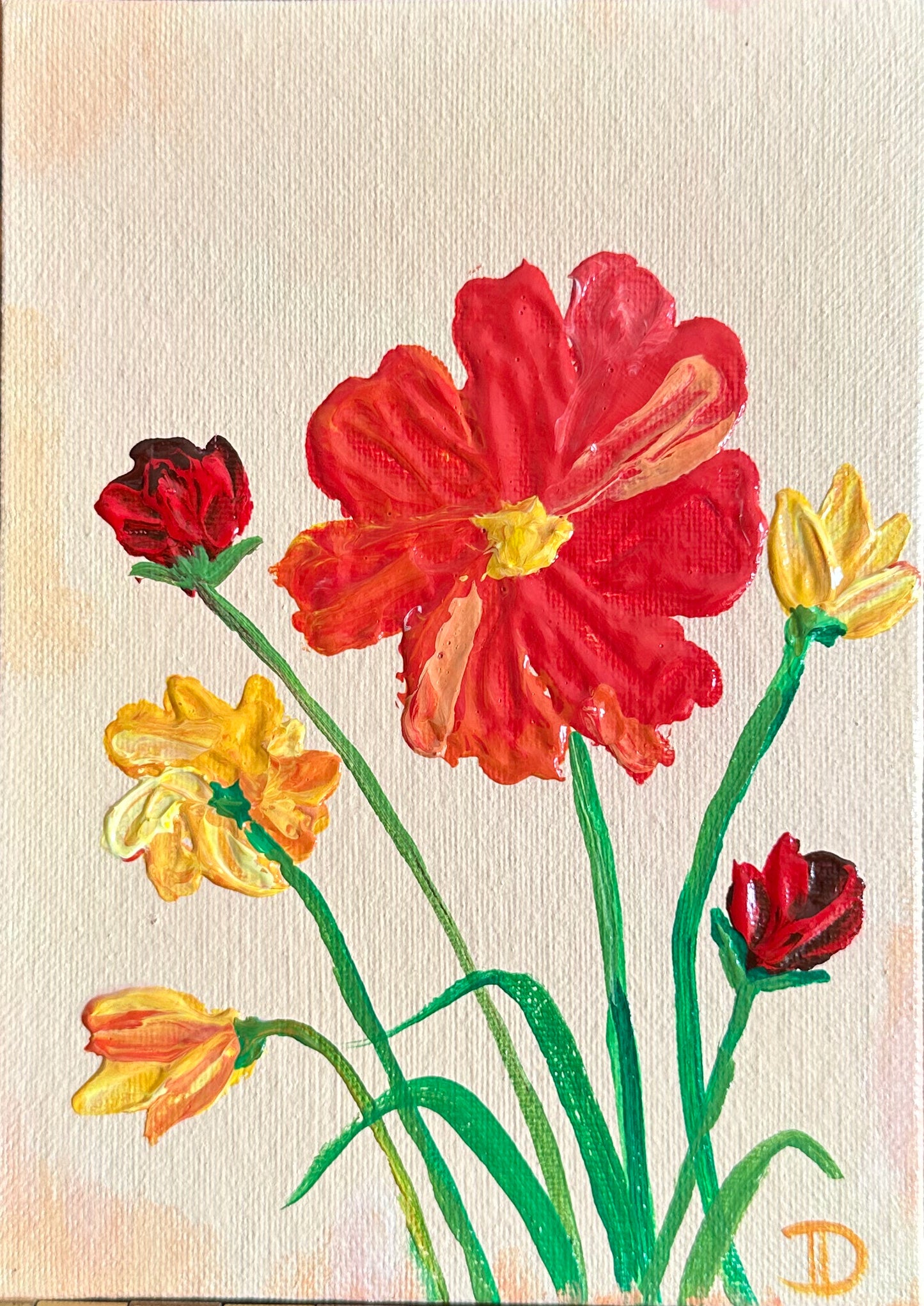 Cosmos Flowers Study - Mini Painting on canvas panel 5"x7"