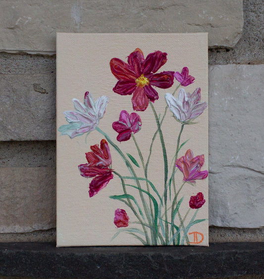 Cosmos Flowers Study - Mini Painting on canvas panel 5"x7"