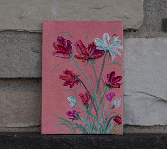 Cosmos Flowers Study - Mini Painting on canvas panel 5"x7"