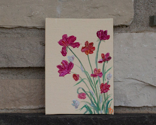 Cosmos Flowers Study - Mini Painting on canvas panel 5"x7"