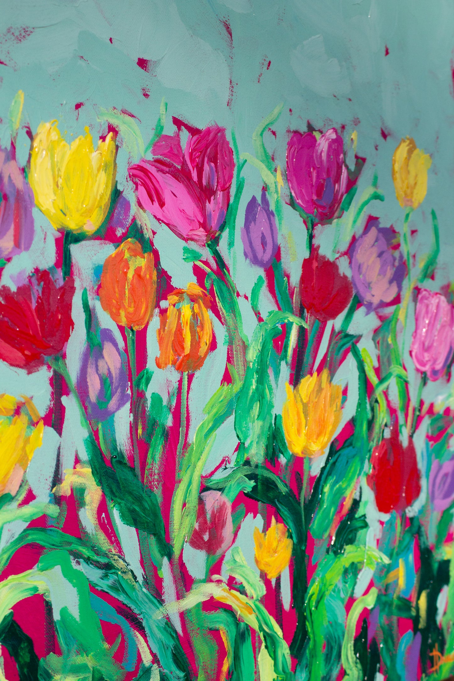 Dancing Tulips 36"x24" Spring Flower Impasto Painting w/ Beautiful Abstract Tulips