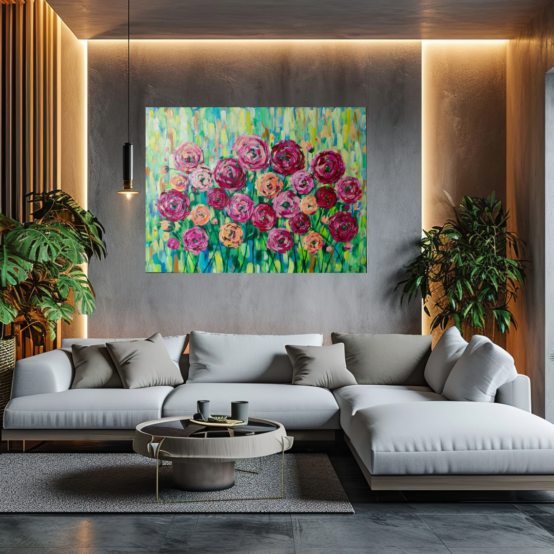 Choose to See the Good 40"x30" Flower Impasto Painting with Beautiful Abstract Ranunculus