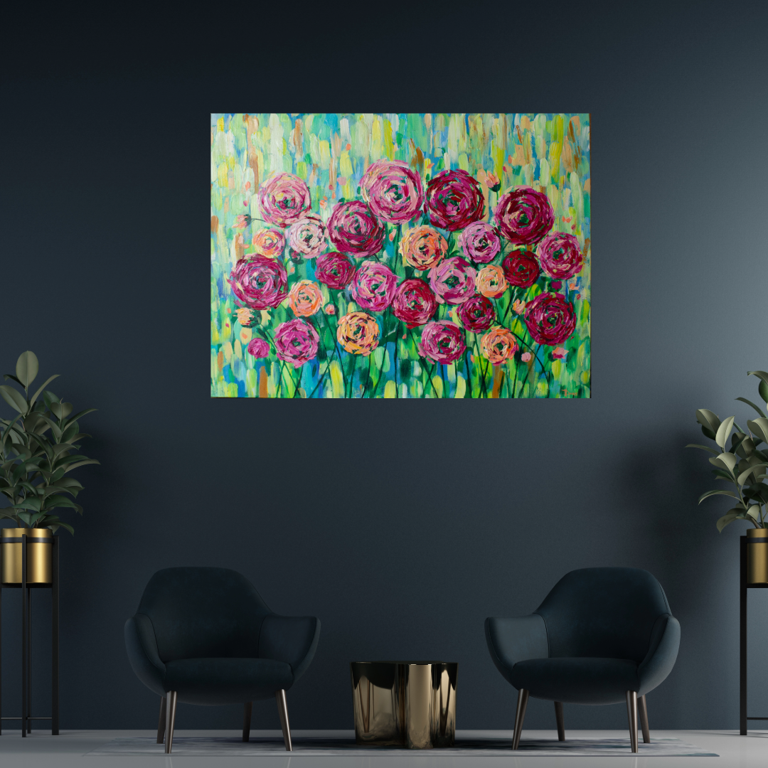 Choose to See the Good 40"x30" Flower Impasto Painting with Beautiful Abstract Ranunculus