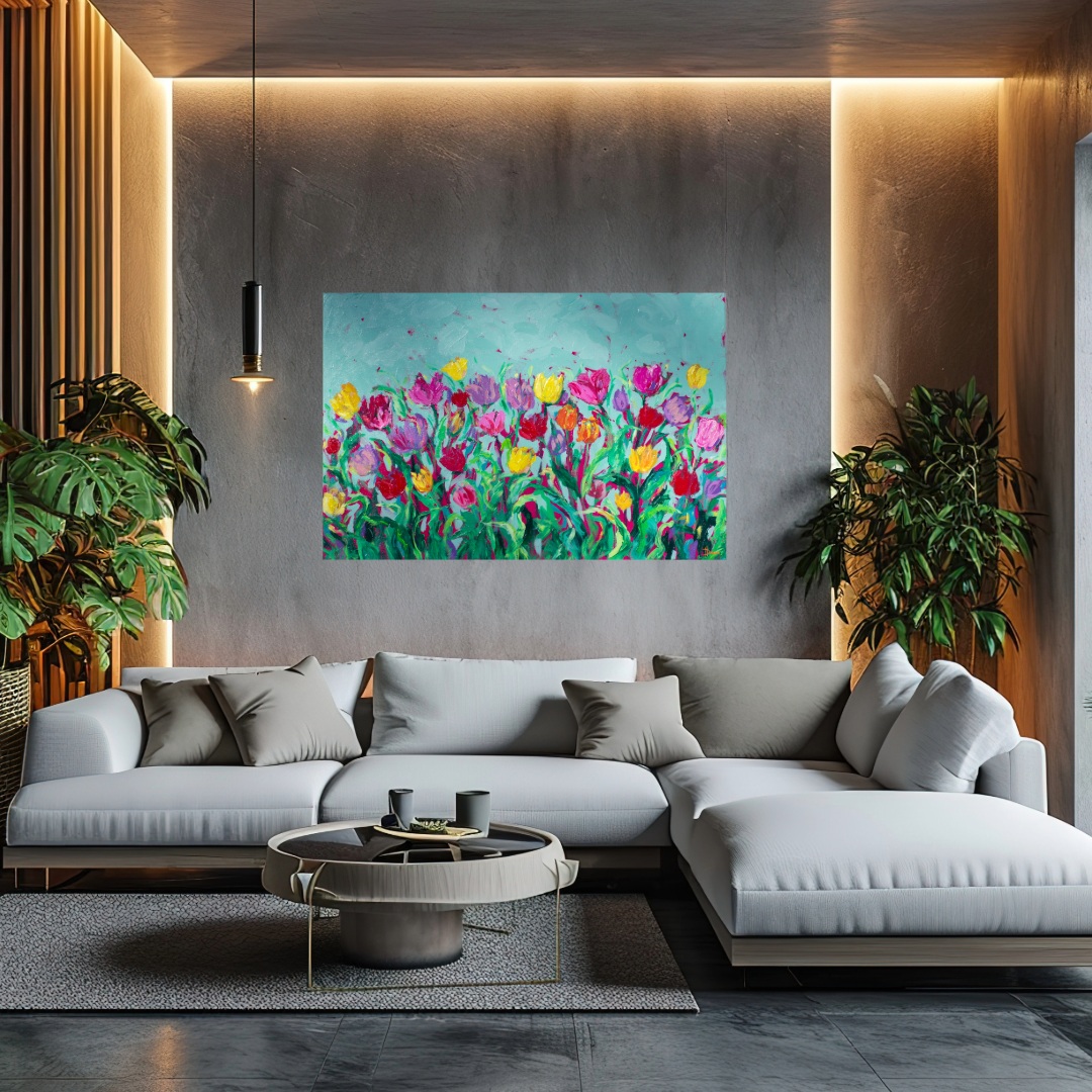 Dancing Tulips 36"x24" Spring Flower Impasto Painting w/ Beautiful Abstract Tulips