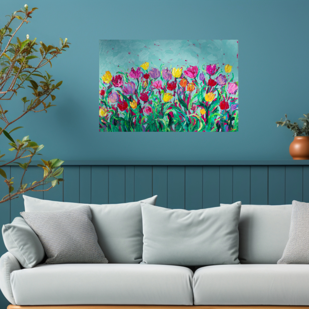 Dancing Tulips 36"x24" Spring Flower Impasto Painting w/ Beautiful Abstract Tulips