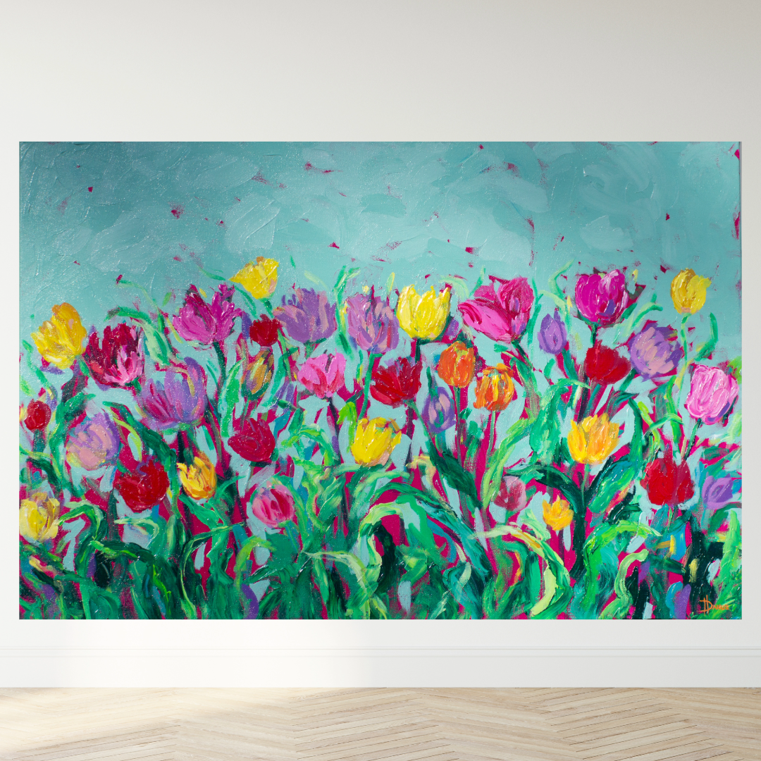 Dancing Tulips 36"x24" Spring Flower Impasto Painting w/ Beautiful Abstract Tulips