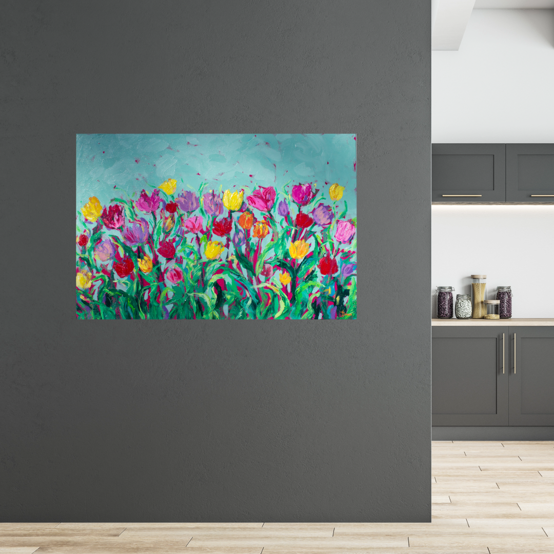 Dancing Tulips 36"x24" Spring Flower Impasto Painting w/ Beautiful Abstract Tulips