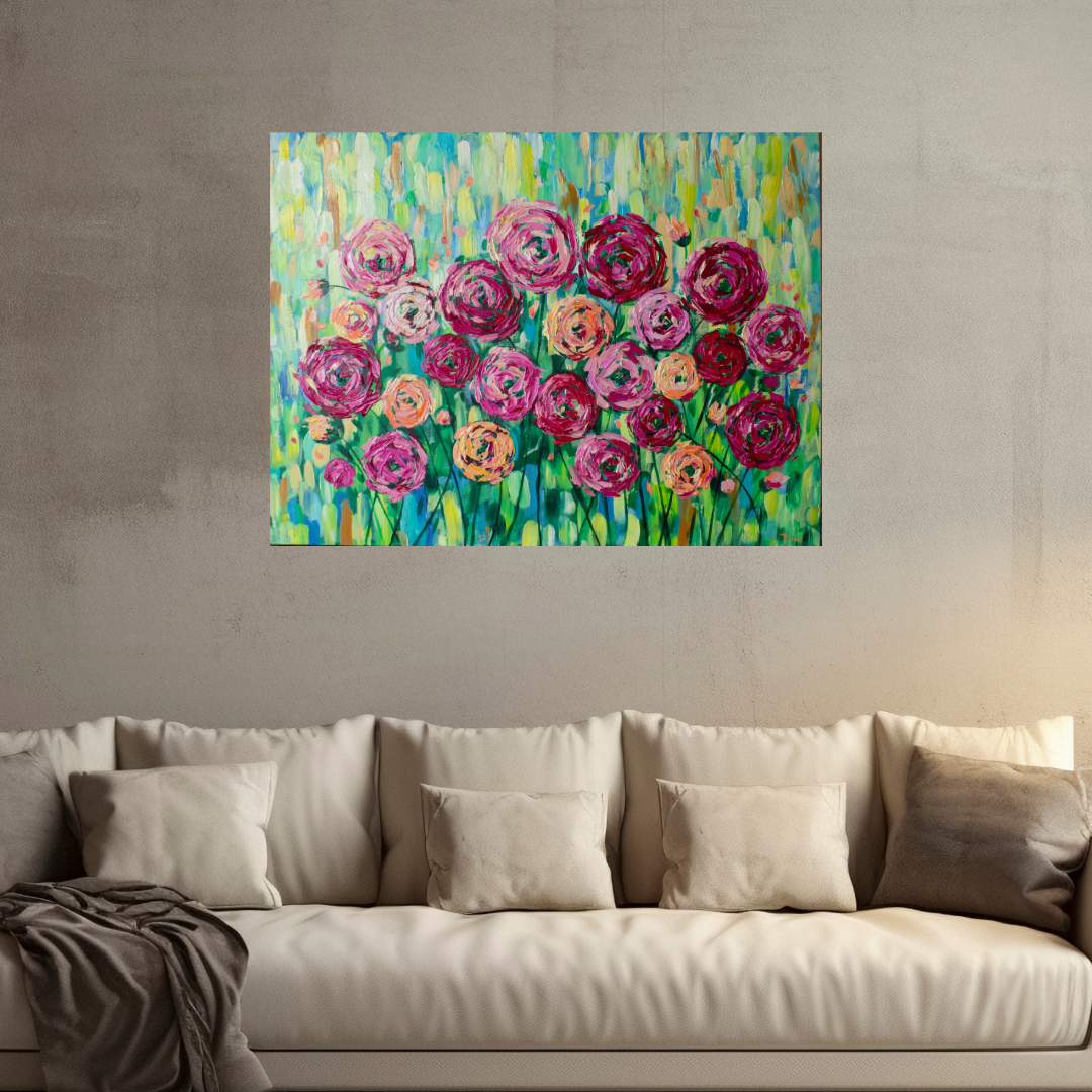 Choose to See the Good 40"x30" Flower Impasto Painting with Beautiful Abstract Ranunculus