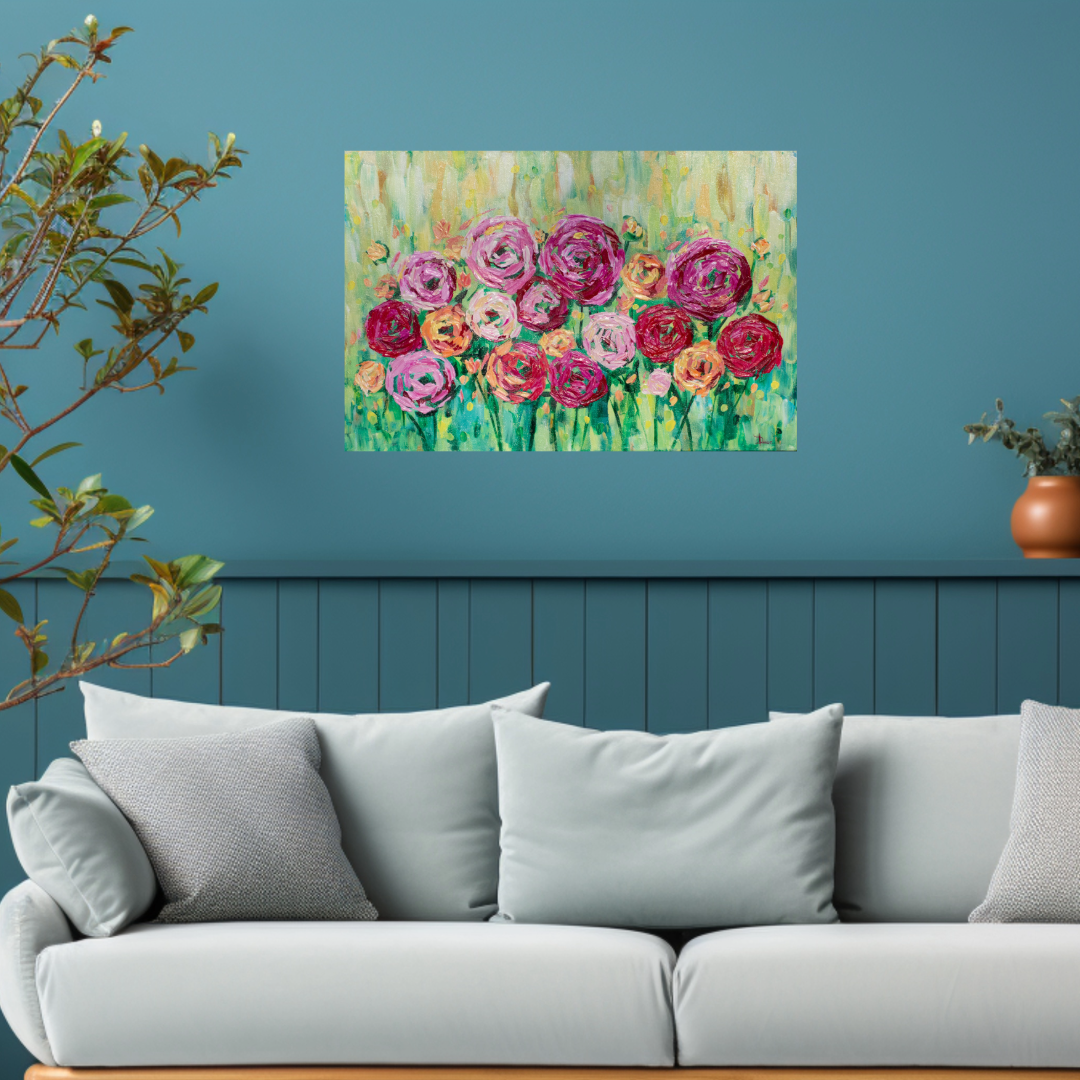 Spring is Bright 36"x24" Summer Flower Impasto Painting w/ Beautiful Abstract Ranunculus