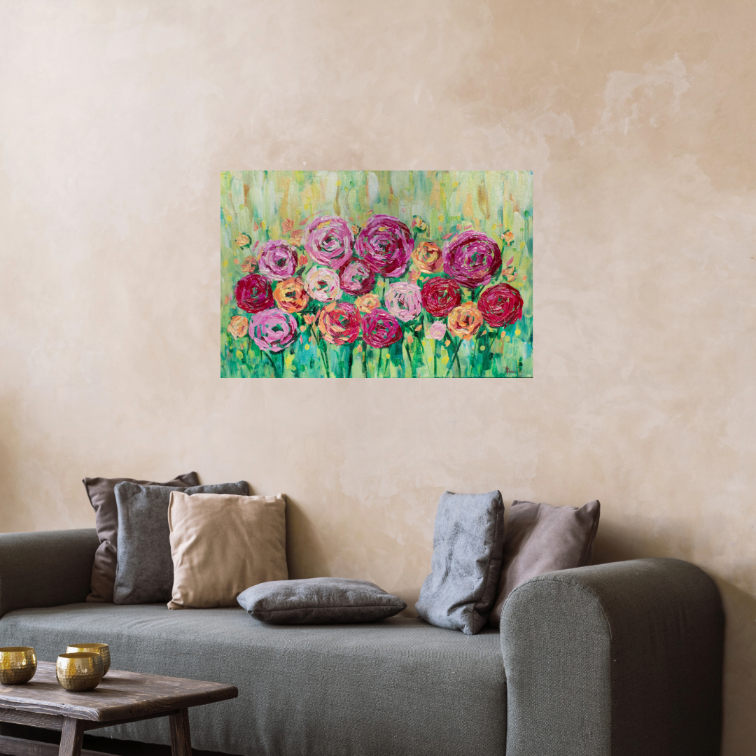 Spring is Bright 36"x24" Summer Flower Impasto Painting w/ Beautiful Abstract Ranunculus