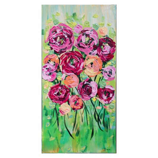 So Bright 10"x20" Summer Flower Impasto Painting w/ Beautiful Abstract Ranunculus