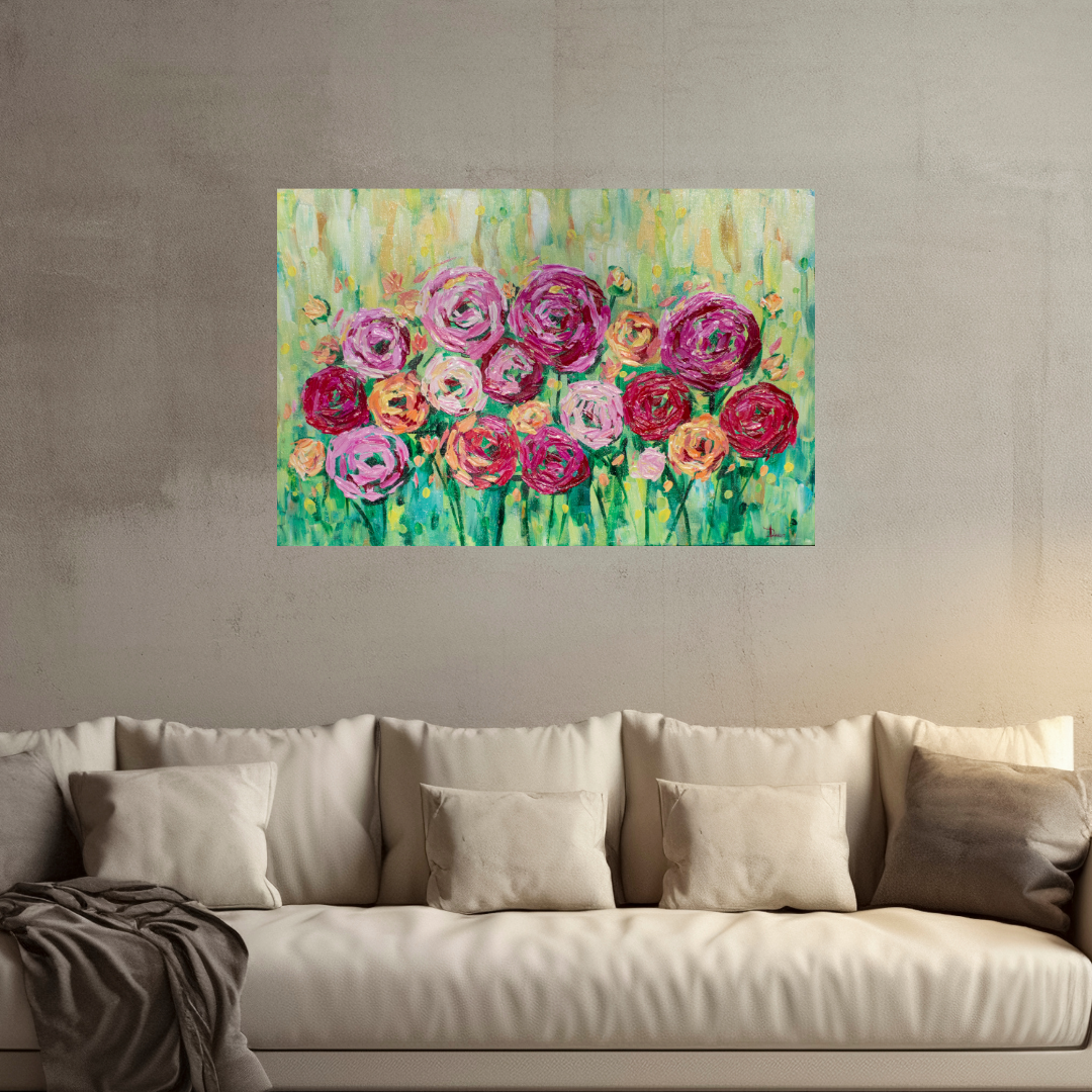 Spring is Bright 36"x24" Summer Flower Impasto Painting w/ Beautiful Abstract Ranunculus