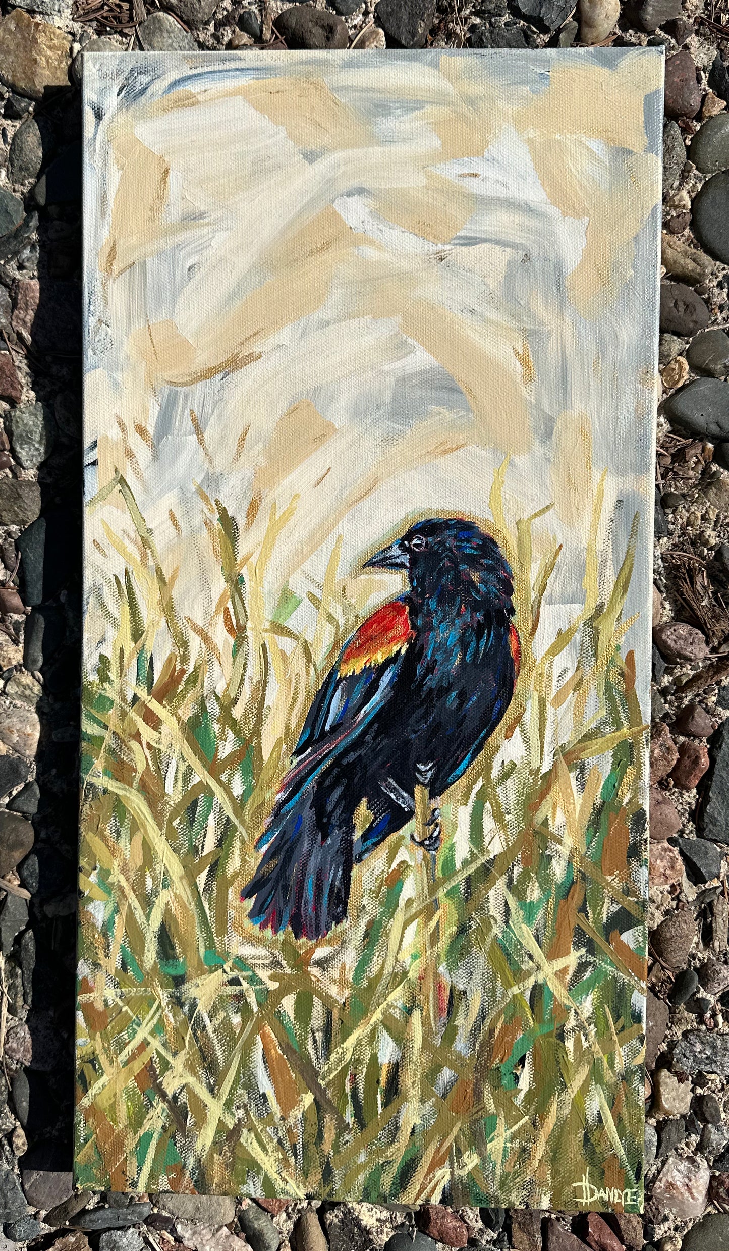 In the Reeds Red Winged Blackbird painting 10x20 on canvas