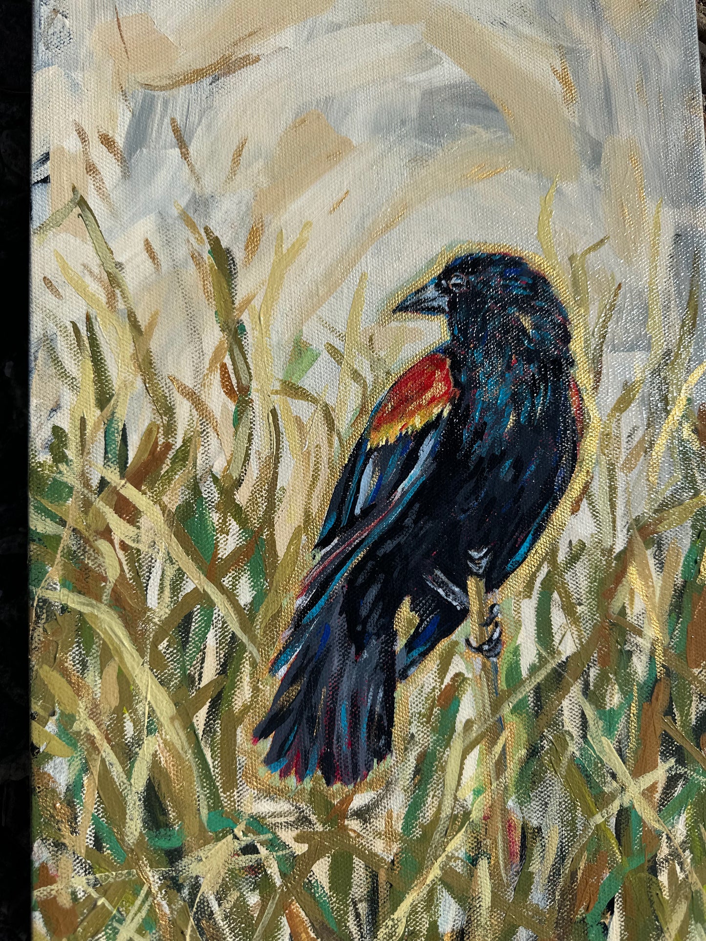 In the Reeds Red Winged Blackbird painting 10x20 on canvas