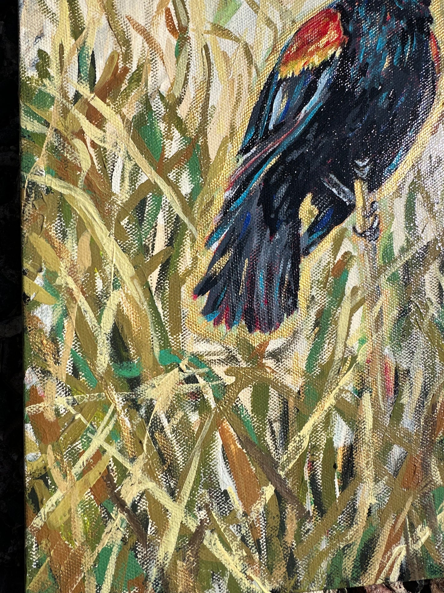 In the Reeds Red Winged Blackbird painting 10x20 on canvas