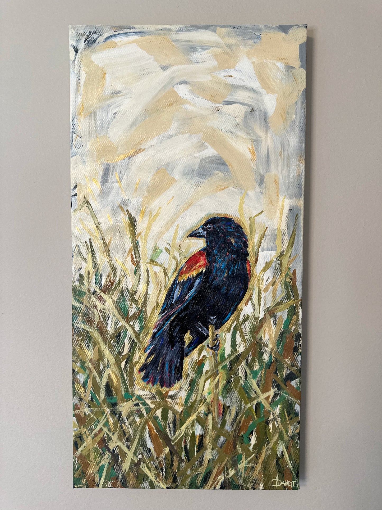 In the Reeds Red Winged Blackbird painting 10x20 on canvas