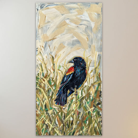 In the Reeds Red Winged Blackbird painting 10x20 on canvas