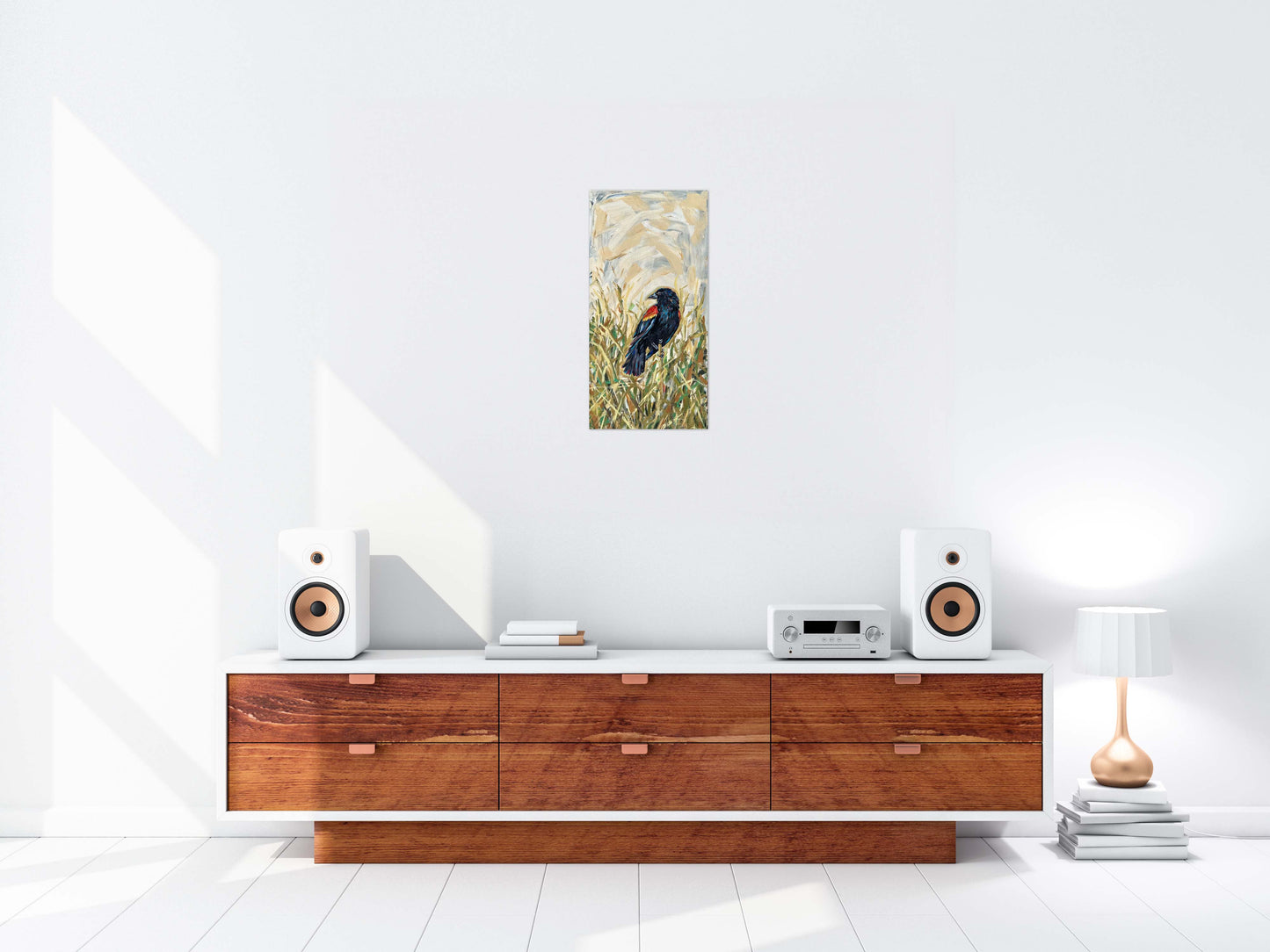 In the Reeds Red Winged Blackbird painting 10x20 on canvas