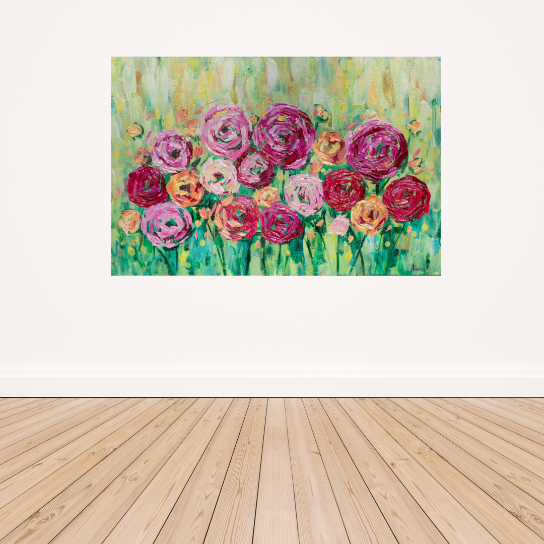 Spring is Bright 36"x24" Summer Flower Impasto Painting w/ Beautiful Abstract Ranunculus