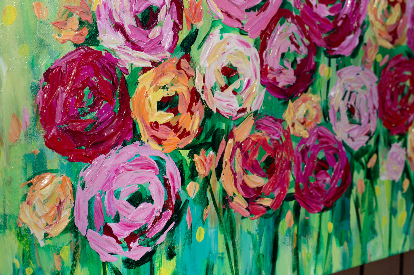 Spring is Bright 36"x24" Summer Flower Impasto Painting w/ Beautiful Abstract Ranunculus