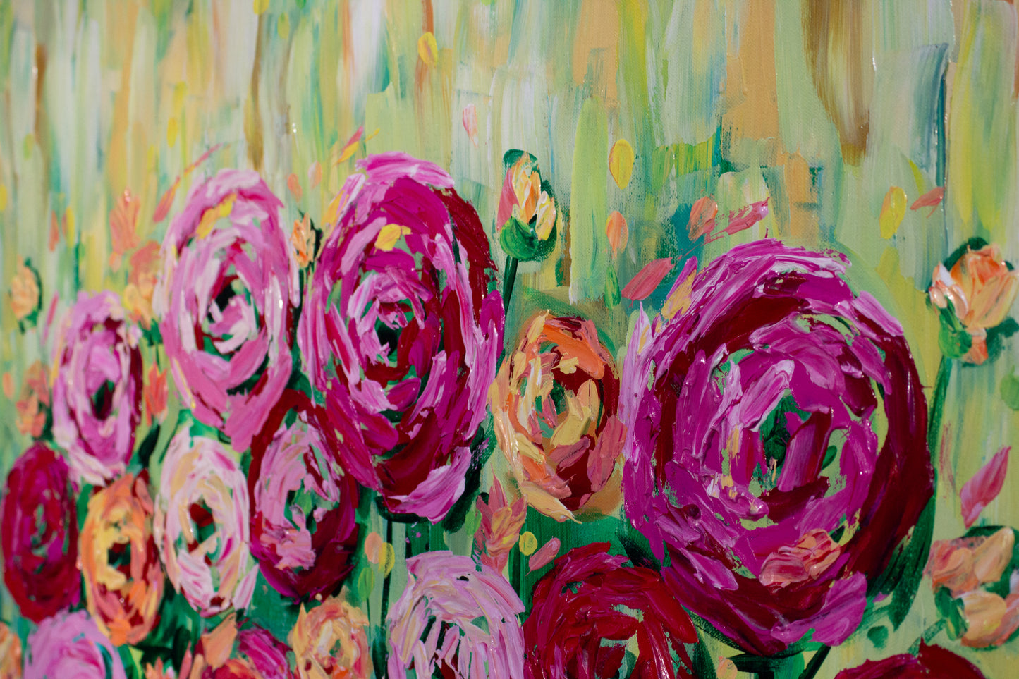 Spring is Bright 36"x24" Summer Flower Impasto Painting w/ Beautiful Abstract Ranunculus