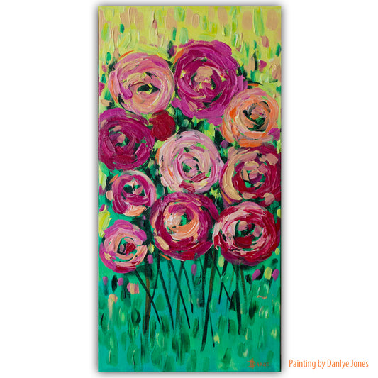 To the Sun Flower Impasto Painting 10"x20" w/ Beautiful Abstract Ranunculus