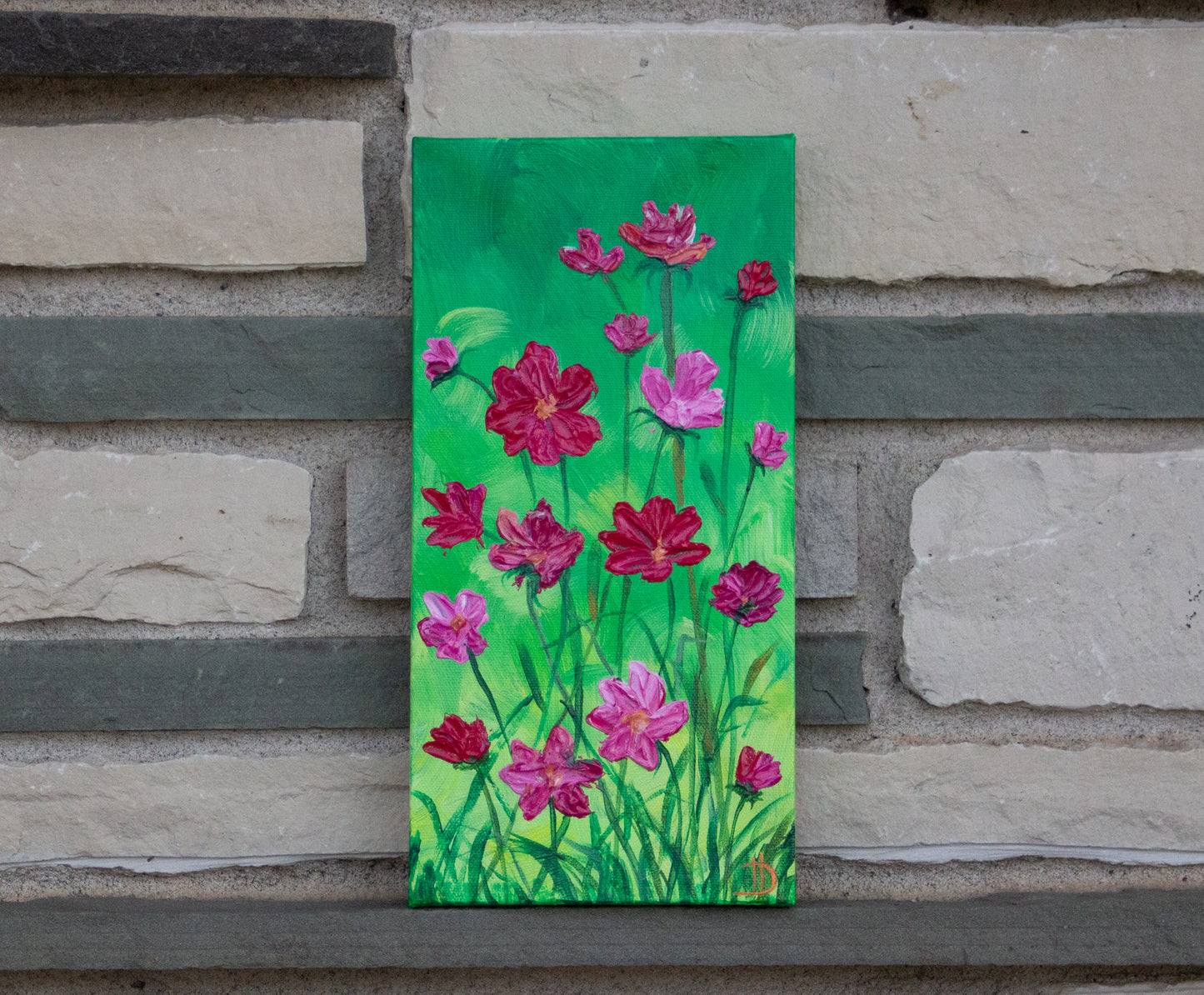 Cosmos on Green - Painting on canvas 6"x12"