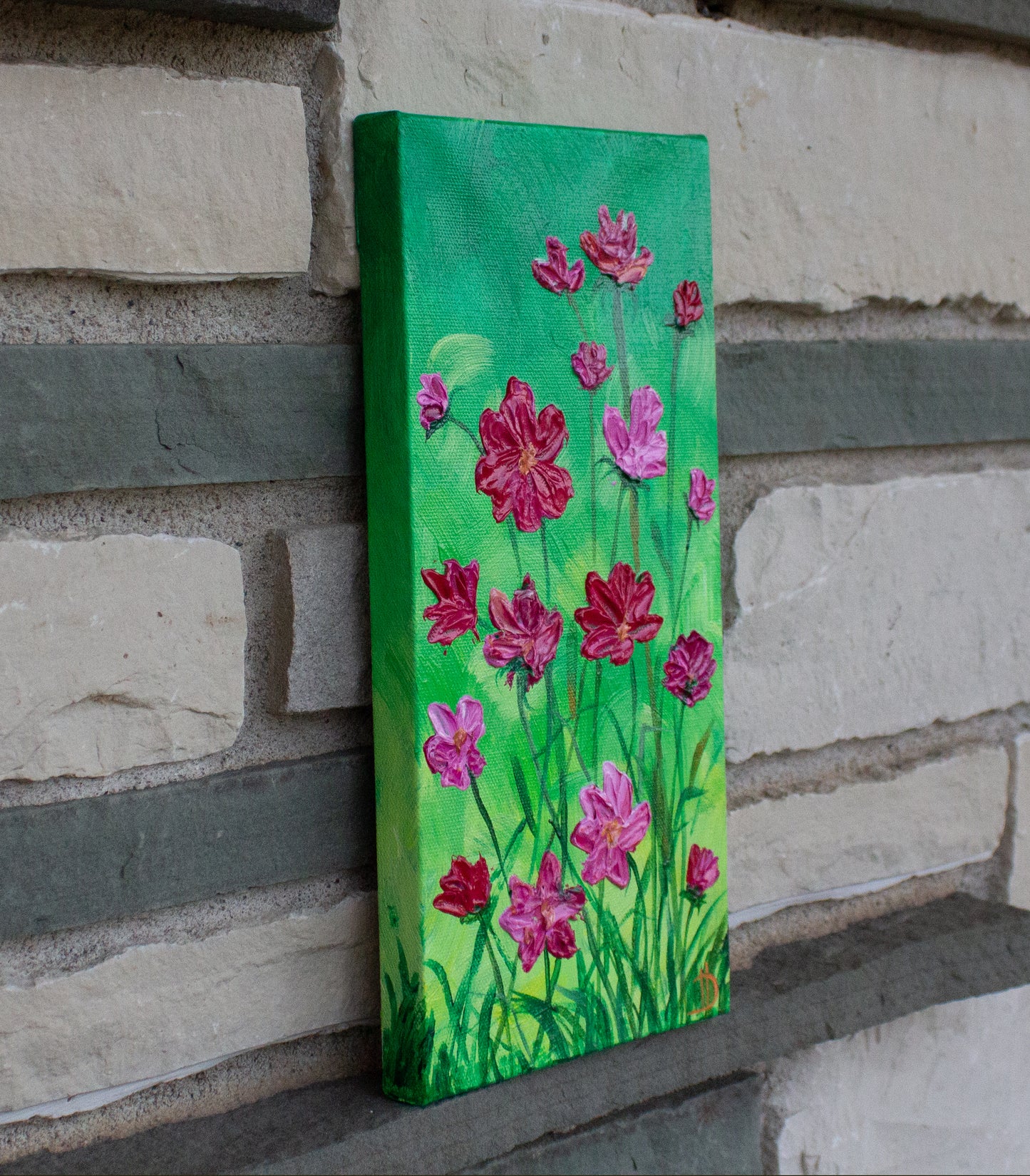 Cosmos on Green - Painting on canvas 6"x12"