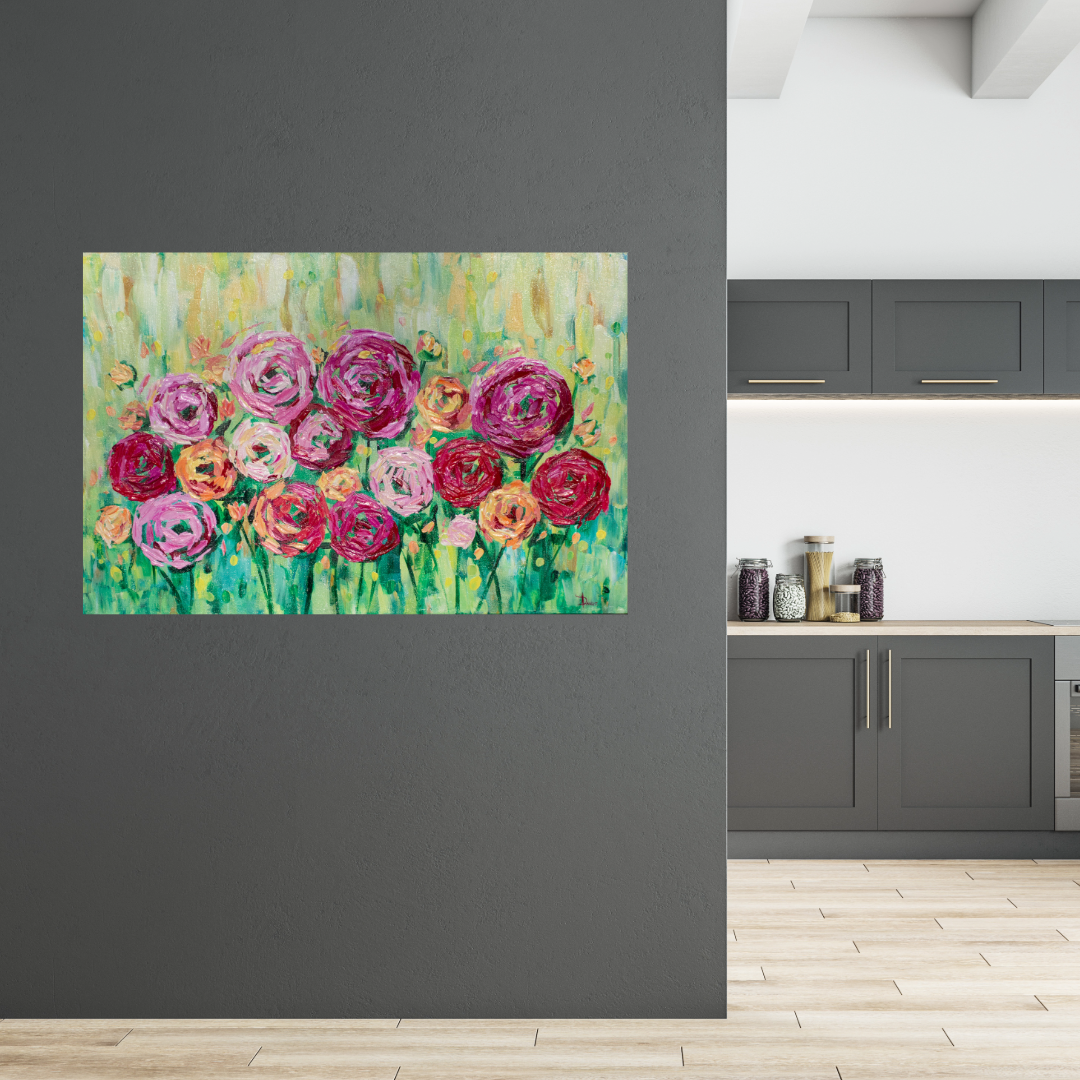 Spring is Bright 36"x24" Summer Flower Impasto Painting w/ Beautiful Abstract Ranunculus