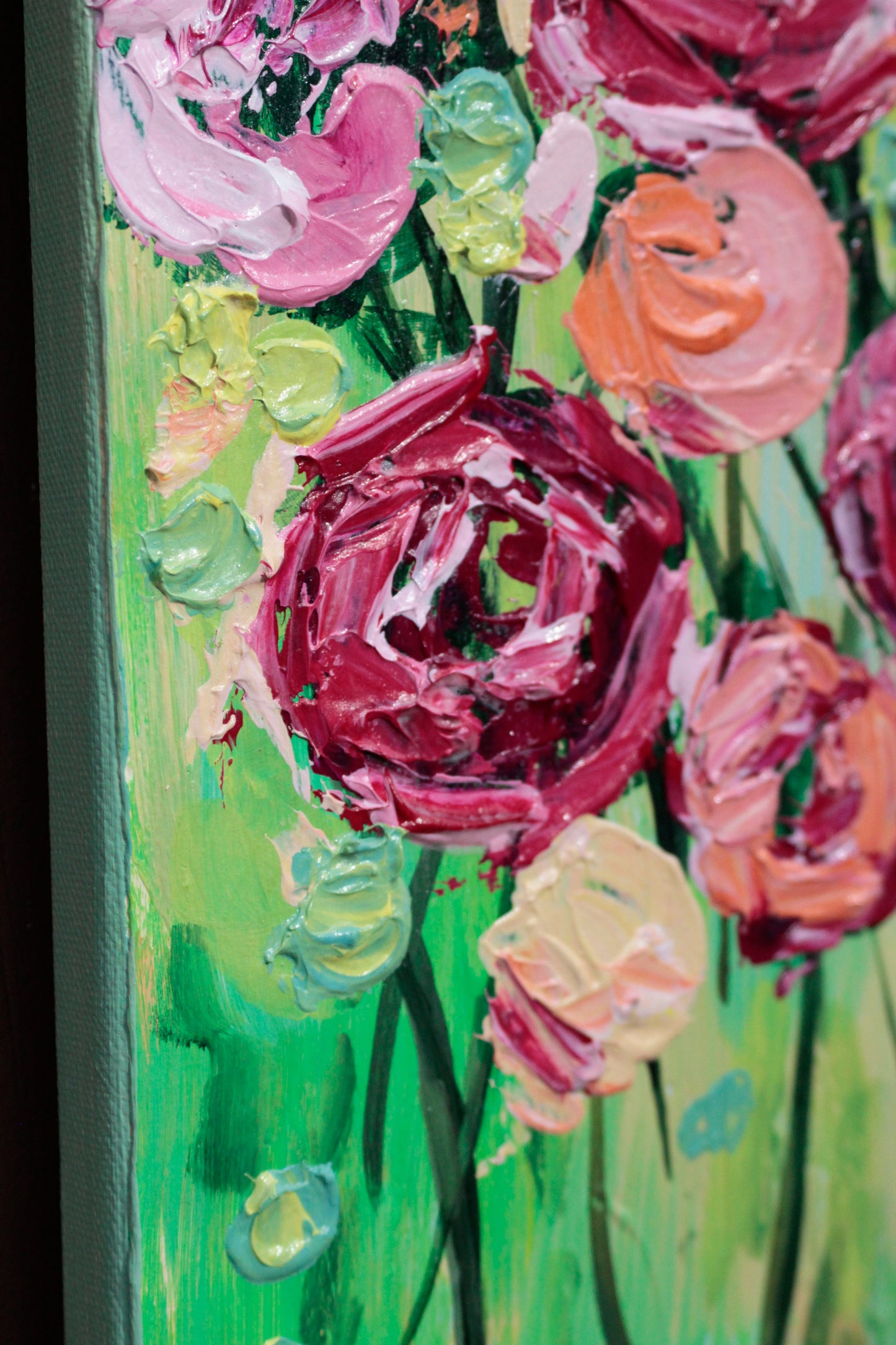 So Bright 10"x20" Summer Flower Impasto Painting w/ Beautiful Abstract Ranunculus