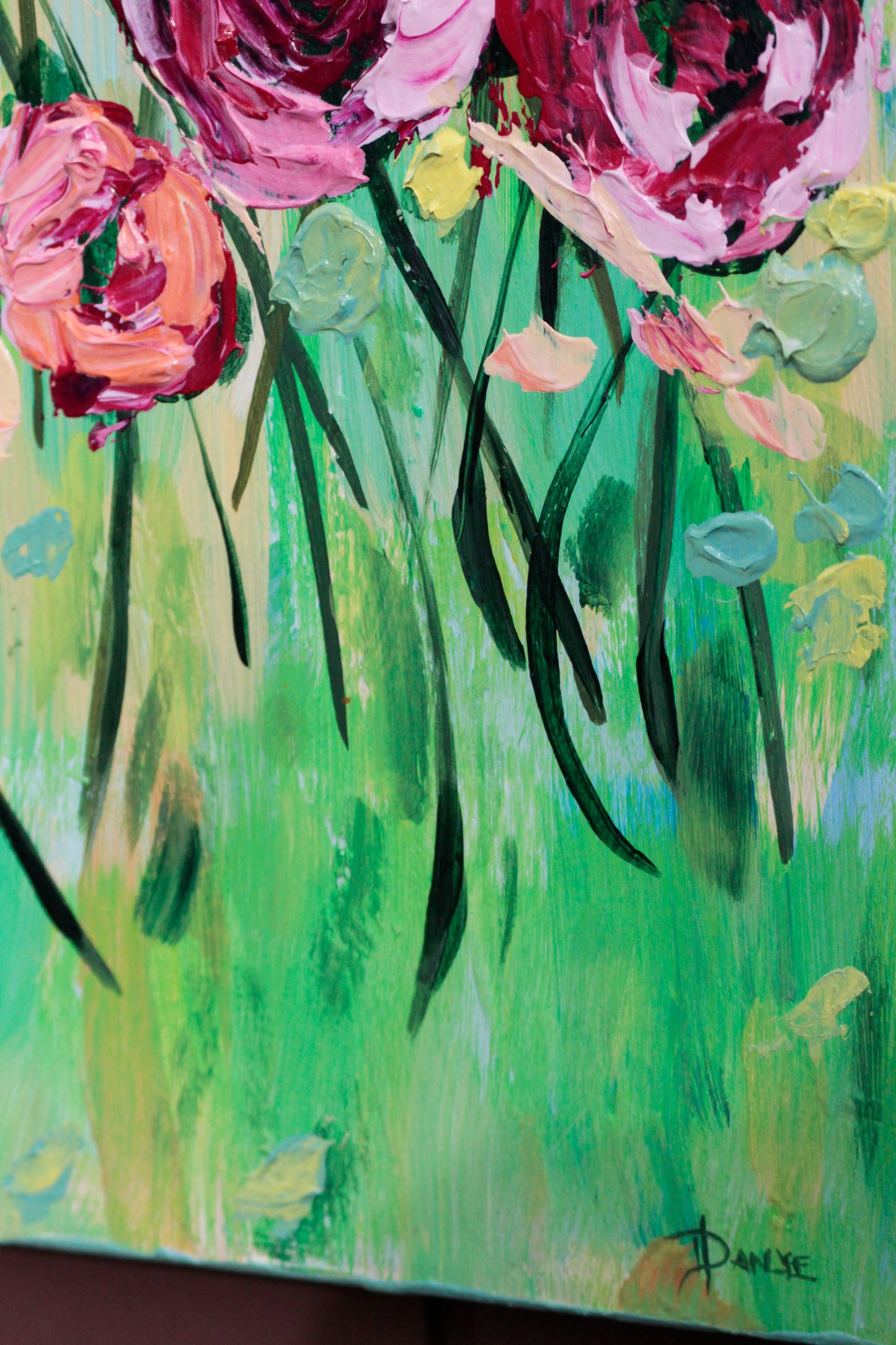 So Bright 10"x20" Summer Flower Impasto Painting w/ Beautiful Abstract Ranunculus