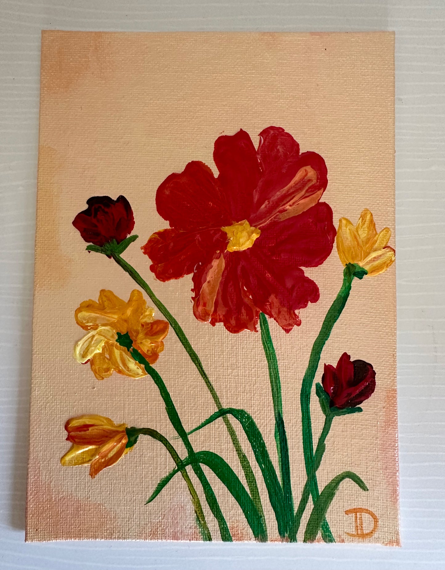 Cosmos Flowers Study - Mini Painting on canvas panel 5"x7"