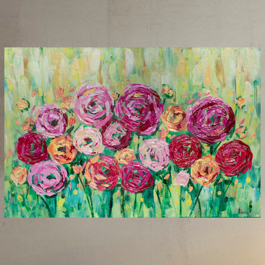 Spring is Bright 36"x24" Summer Flower Impasto Painting w/ Beautiful Abstract Ranunculus