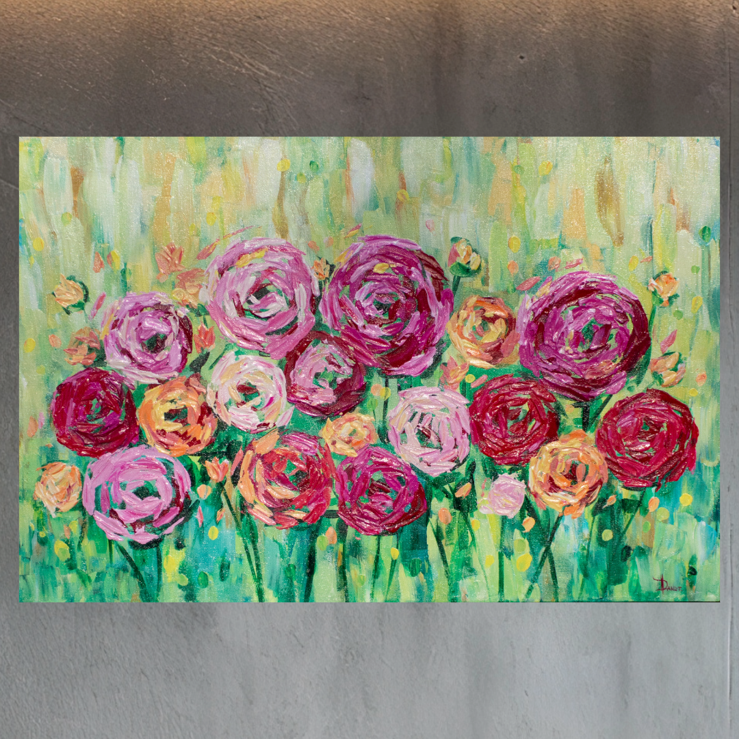 Spring is Bright 36"x24" Summer Flower Impasto Painting w/ Beautiful Abstract Ranunculus